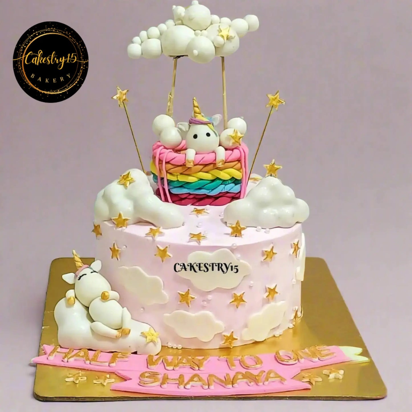 Unicorn Air Balloon 1.5 kg blueberry halfway to one birthday Cake by cakestry15,noida,cake full image
