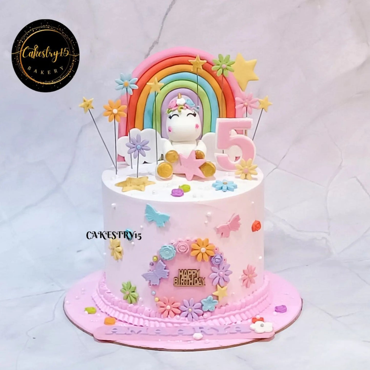 Unicorn Flowers 1kg butterscotch first birthday Cake by cakestry15,noida,cake full image ,cake in white