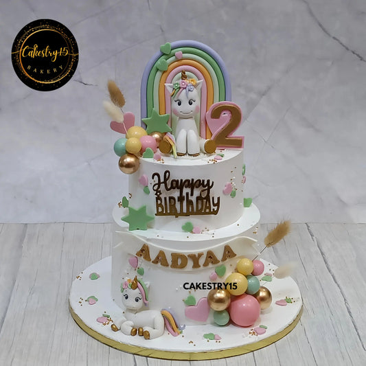2kg blueberry unicorn birthday cake with rainbow, stars, and fondant elements for a 2-year-old girl