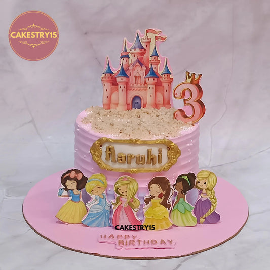 1kg eggless pineapple princess theme birthday cake for 3rd birthday with edible castle image and princess characters