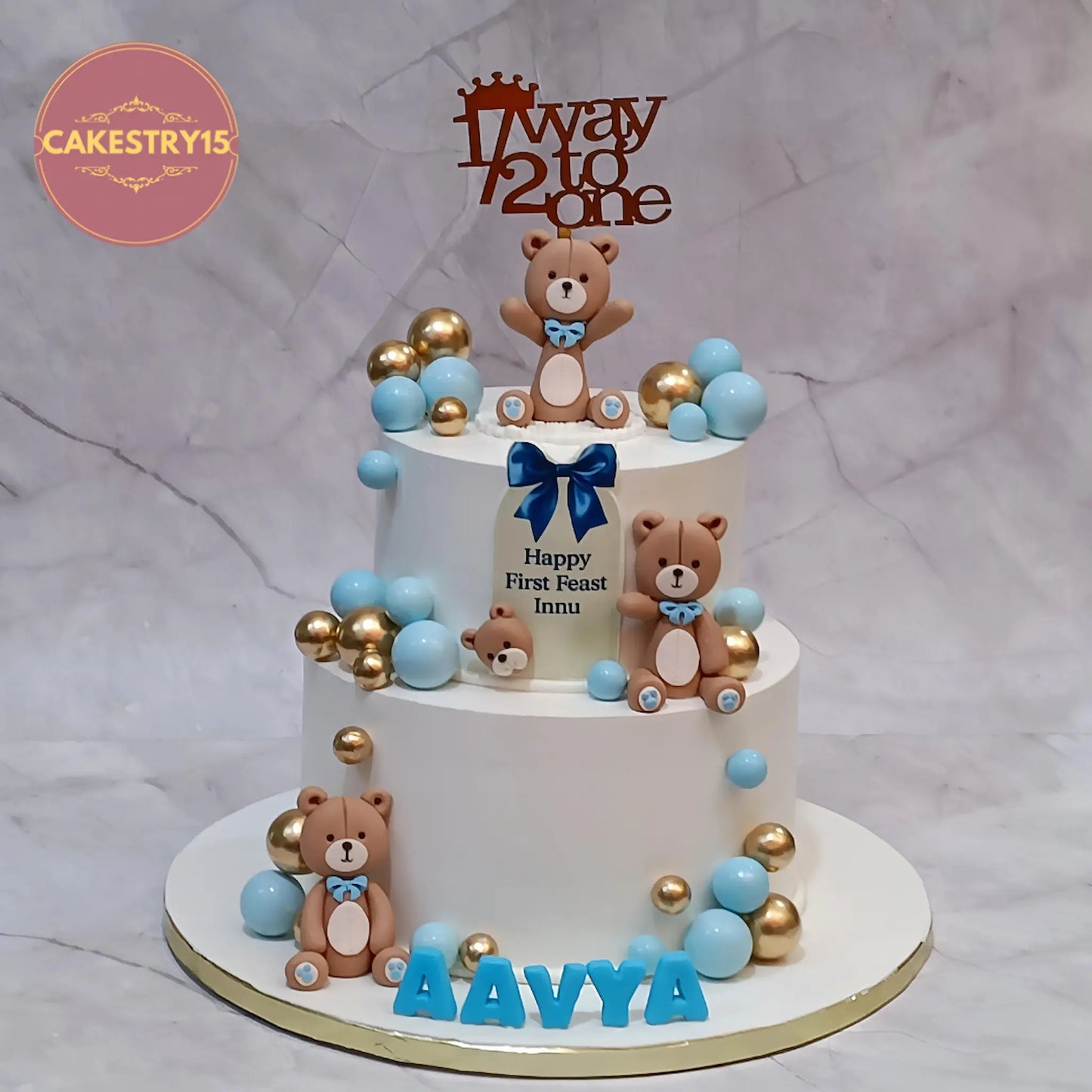 Eggless half birthday annaprashan cake with teddy theme in pineapple flavour by Cakestry15 Noida