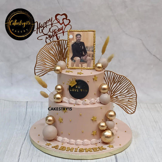 2kg two-tier butterscotch birthday cake with photo topper and family message from Cakestry15