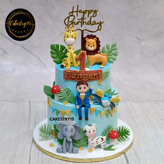 Abhyant’s 3kg jungle theme birthday cake in choco vanilla with animal toppers