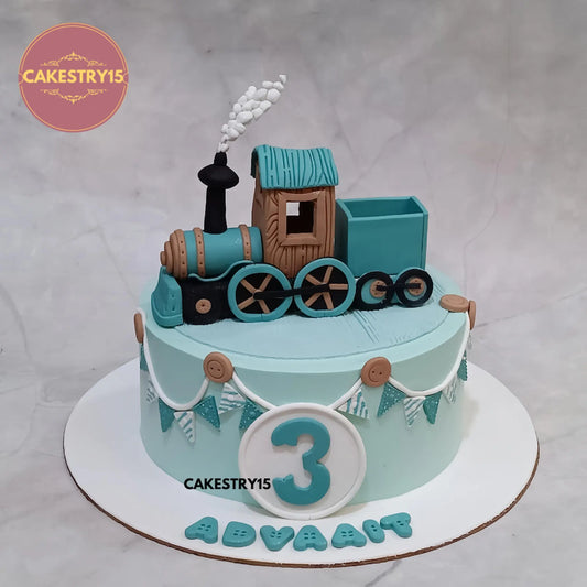 1kg pineapple cake with fondant train, custom name and age tag from Cakestry15