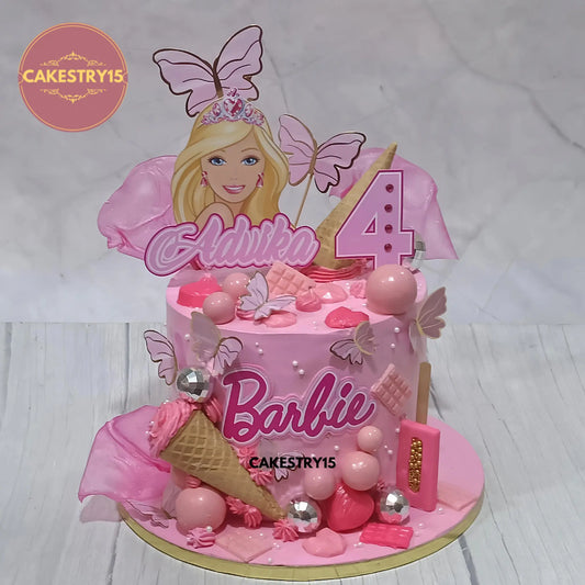 2kg blueberry Barbie theme birthday cake with edible Barbie image, chocolate, waffle cone, rice sails and decorations from Cakestry15 Noida