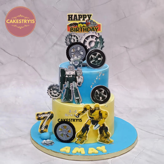 3kg chocolate Transformers birthday cake with edible toppers, wheels, rims, and age tag from Cakestry15 Noida