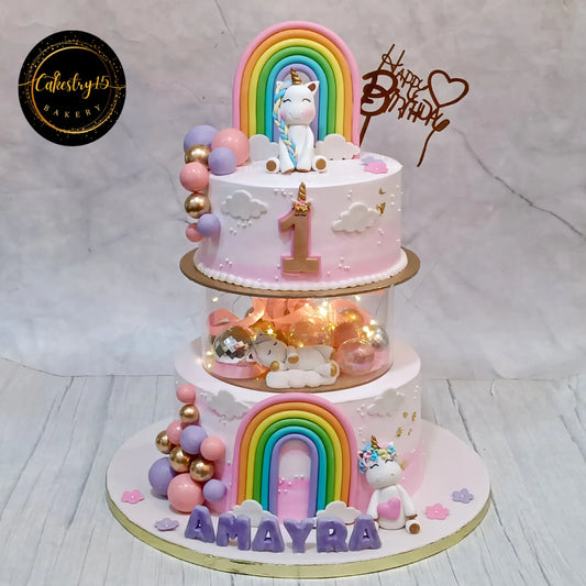 5kg truffle unicorn birthday cake for first birthday with rainbow and lights from Cakestry15