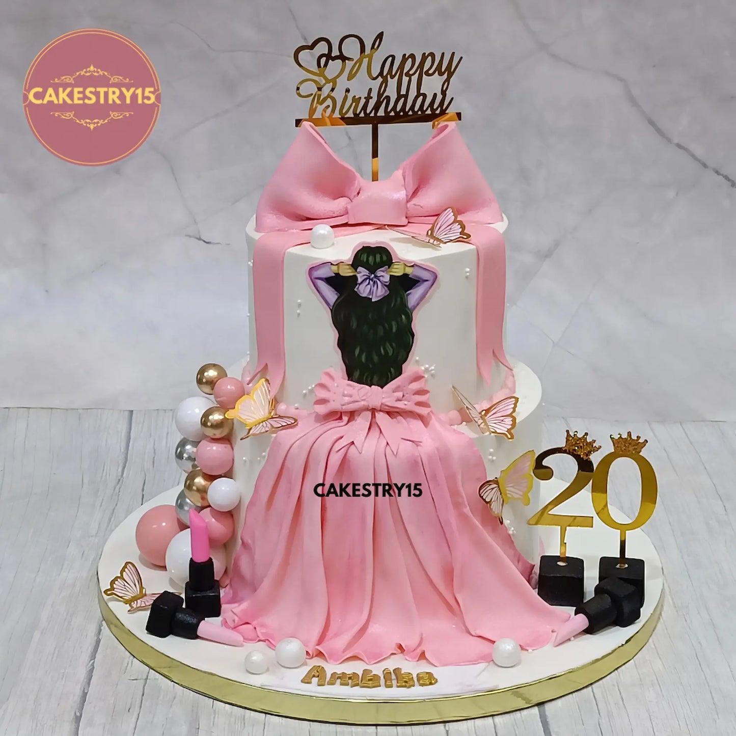 3kg eggless butterscotch 2 tier birthday cake with makeup theme design from Cakestry15 Noida