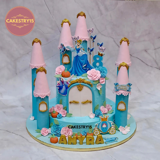 Amyra 8th birthday 4kg chocolate Cinderella theme cake with castle pillars, edible Cinderella images, fondant roses and pumpkins from Cakestry15 in noida