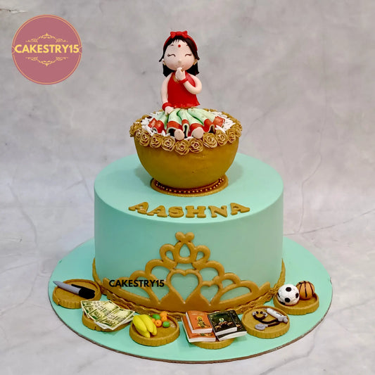 2kg choco chip Annaprashan theme cake for girl Aashna with food elements and crown by cakestry15