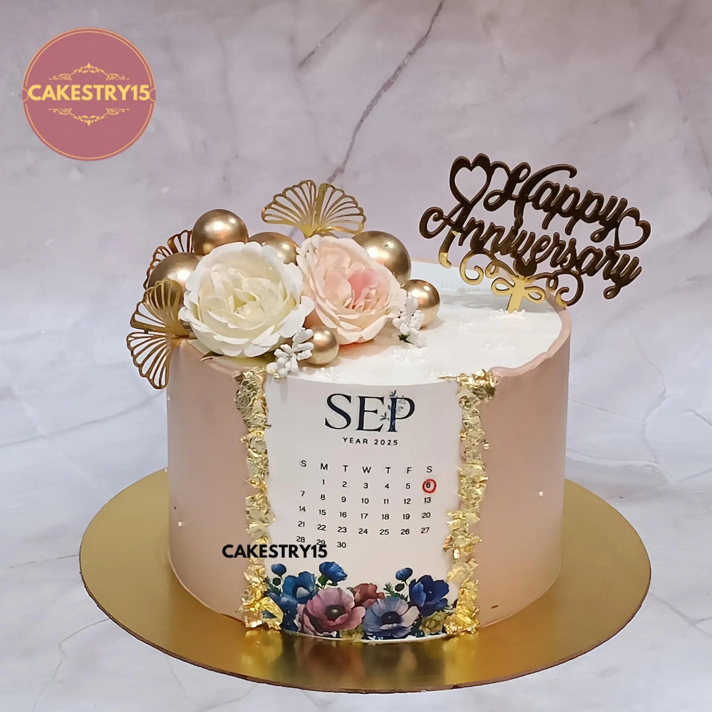 Eggless anniversary calendar theme cake in choco chips flavour for couple celebration by Cakestry15 Noida