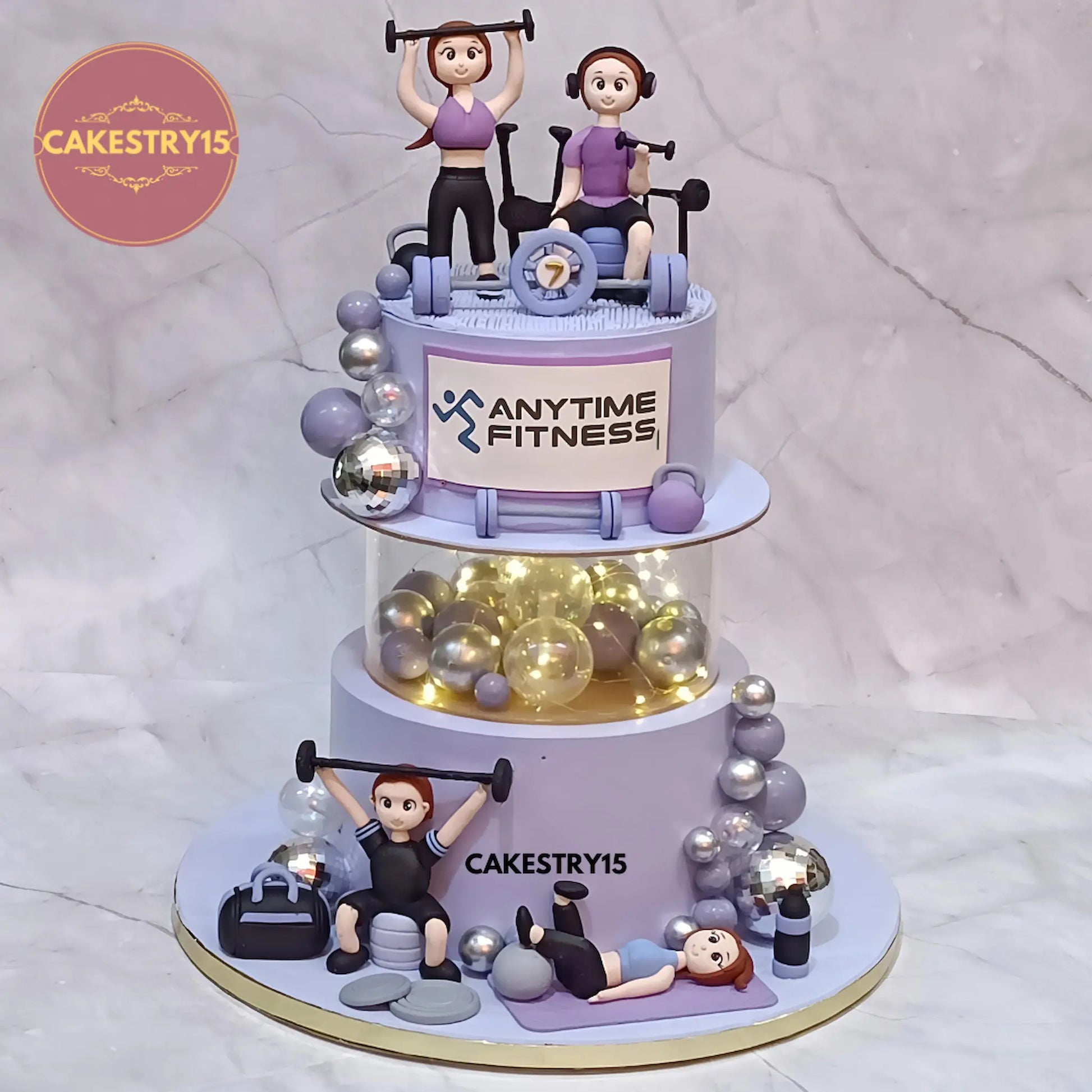 Anytime Fitness 5kg chocolate gym theme cake with fondant figurines and gym elements from Cakestry15 in noida