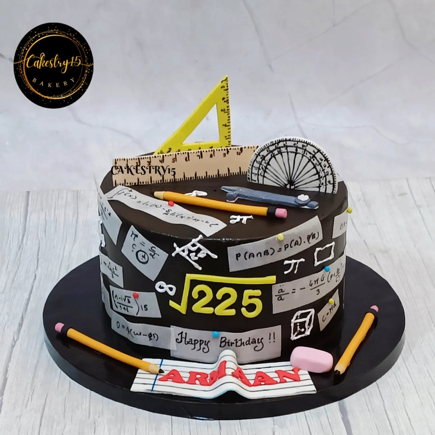 2kg chocolate maths theme birthday cake with fondant scales, pencils, formulas, and edible paper