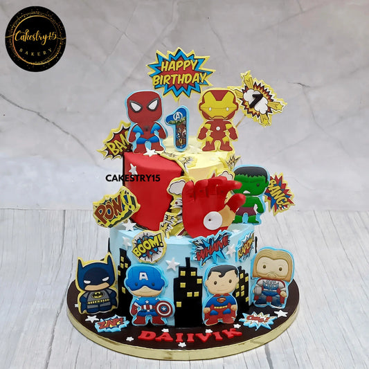 Avengers theme chocolate birthday cake with superhero toppers and Iron Man hand by cakestry15,noida