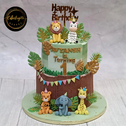 5kg chocolate jungle theme birthday cake with lion, zebra, giraffe, tiger, and elephant by Cakestry15