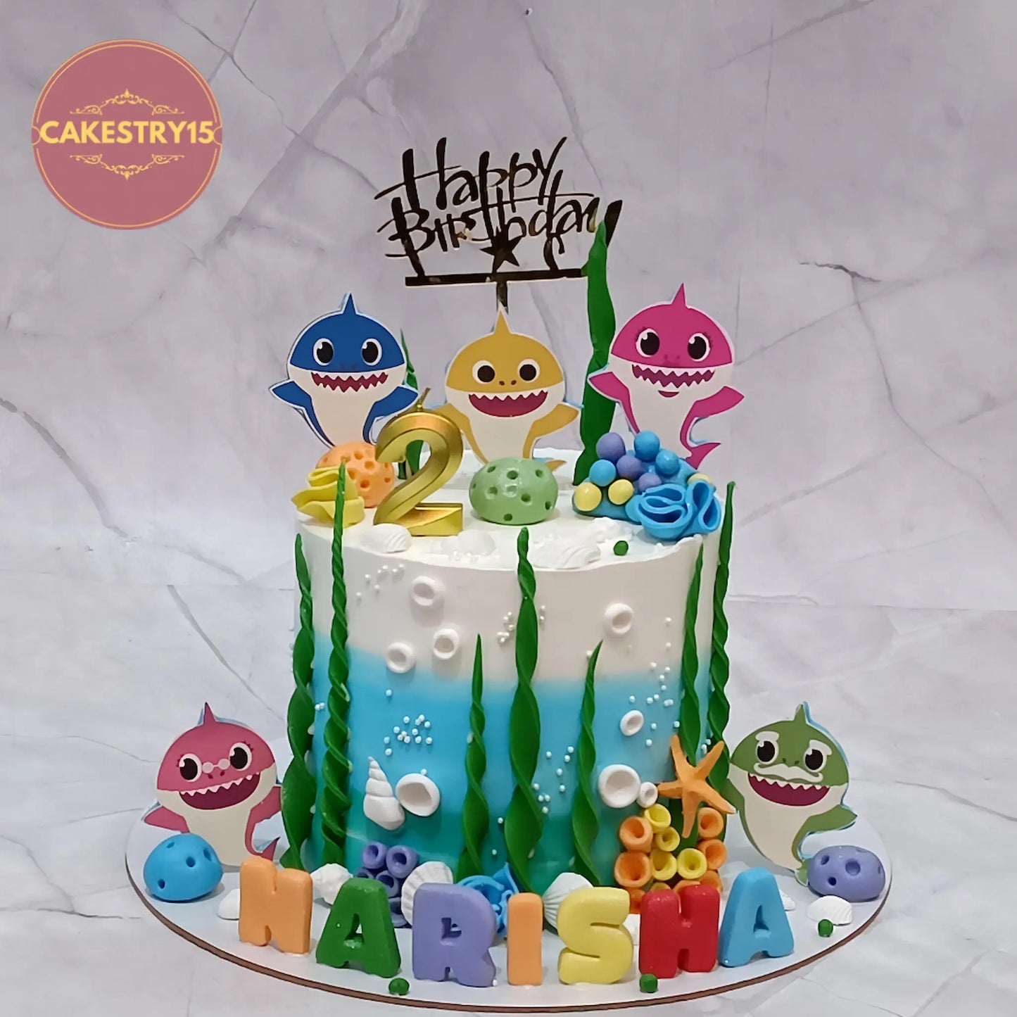 Baby Shark theme eggless kids birthday cake with fondant coral and custom name for 2nd birthday in Noida by cakestry15