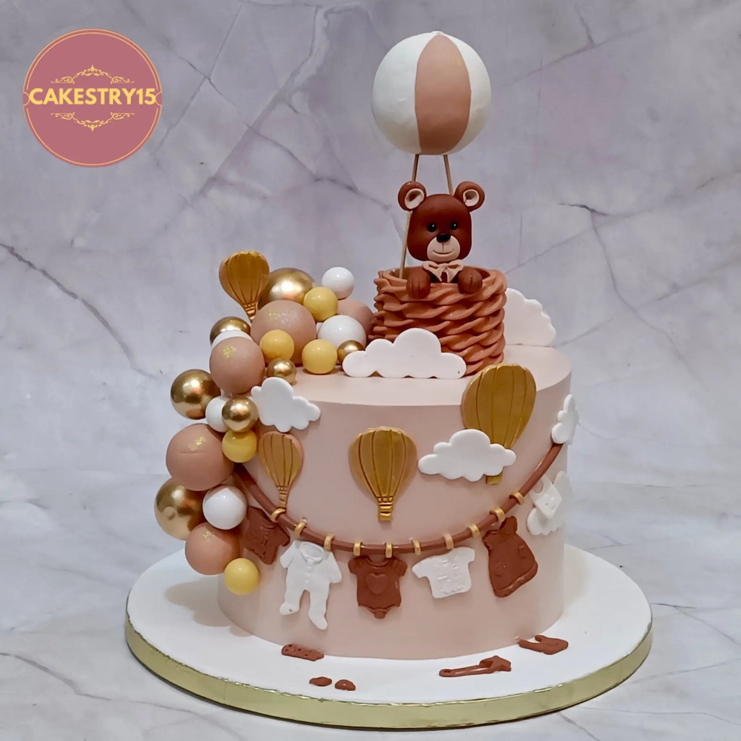 Baby shower kids birthday cake style theme cake Noida featuring teddy air balloon design made with premium eggless cakes