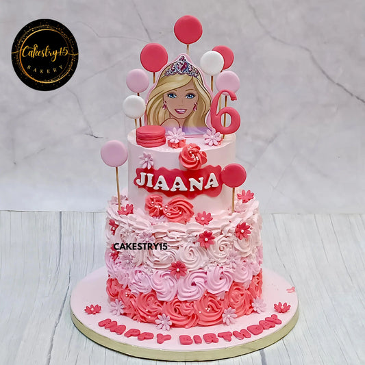 Barbie theme 3kg chocolate cake with pink rosettes, edible Barbie topper, and fondant decorations for 6th birthday