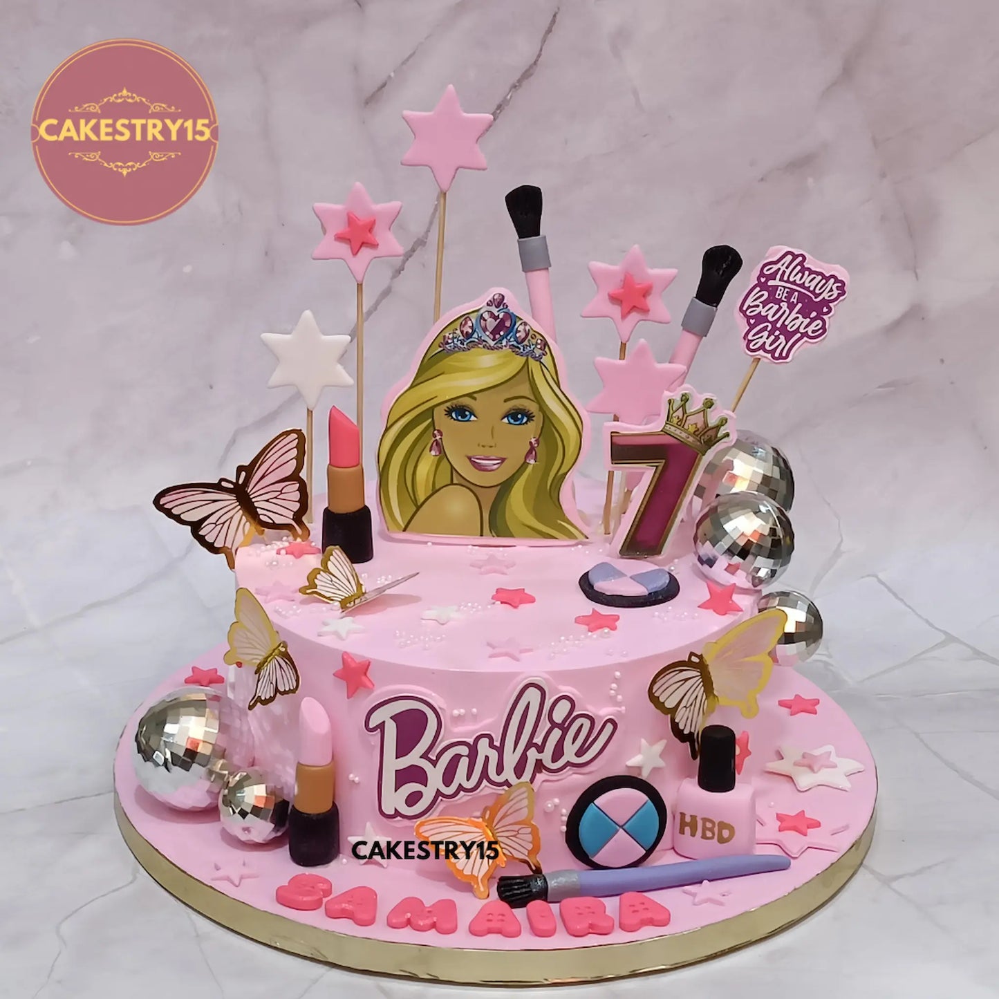 Barbie theme 1.5kg chocolate birthday cake with edible Barbie image and fondant makeup design by cakestry15 in noida