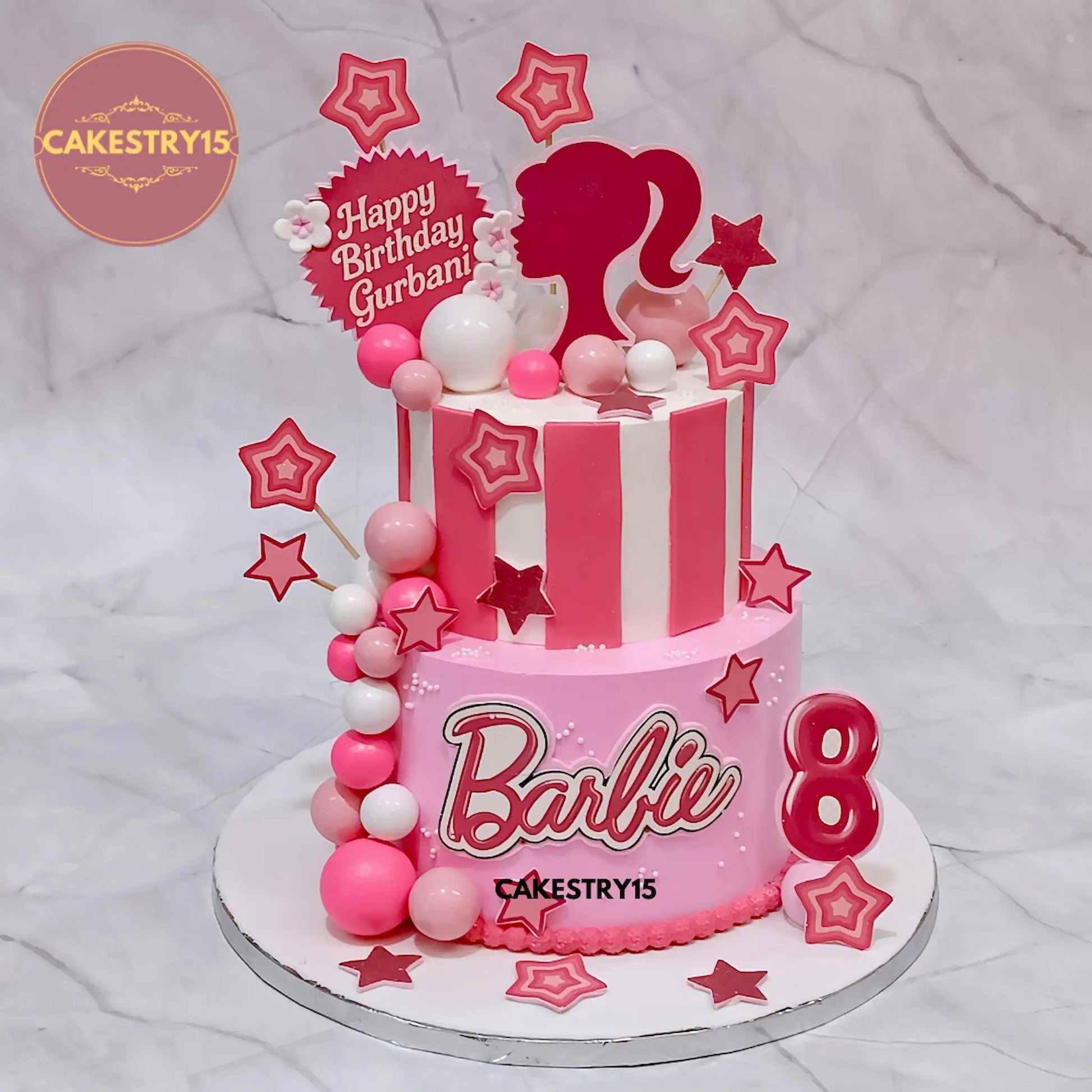 Barbie theme 2kg black forest birthday cake with cutout and pink faux balls from Cakestry15 in noida