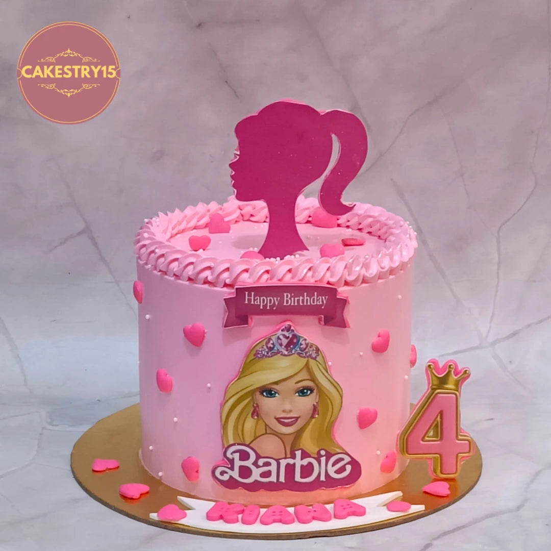 Premium Barbie kids birthday cake with edible Barbie images, handcrafted as a theme cake Noida using fresh eggless cakes.
