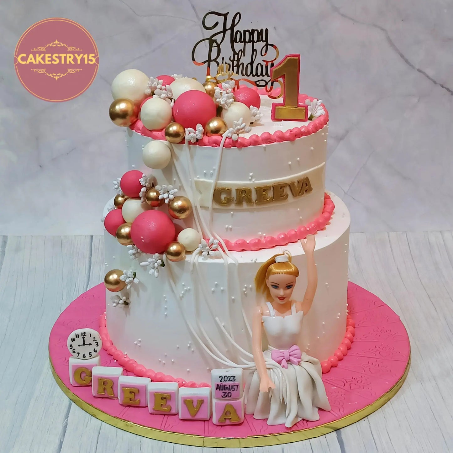 Barbie theme first birthday cake 5kg choco vanilla eggless cake for kids by Cakestry15 Noida