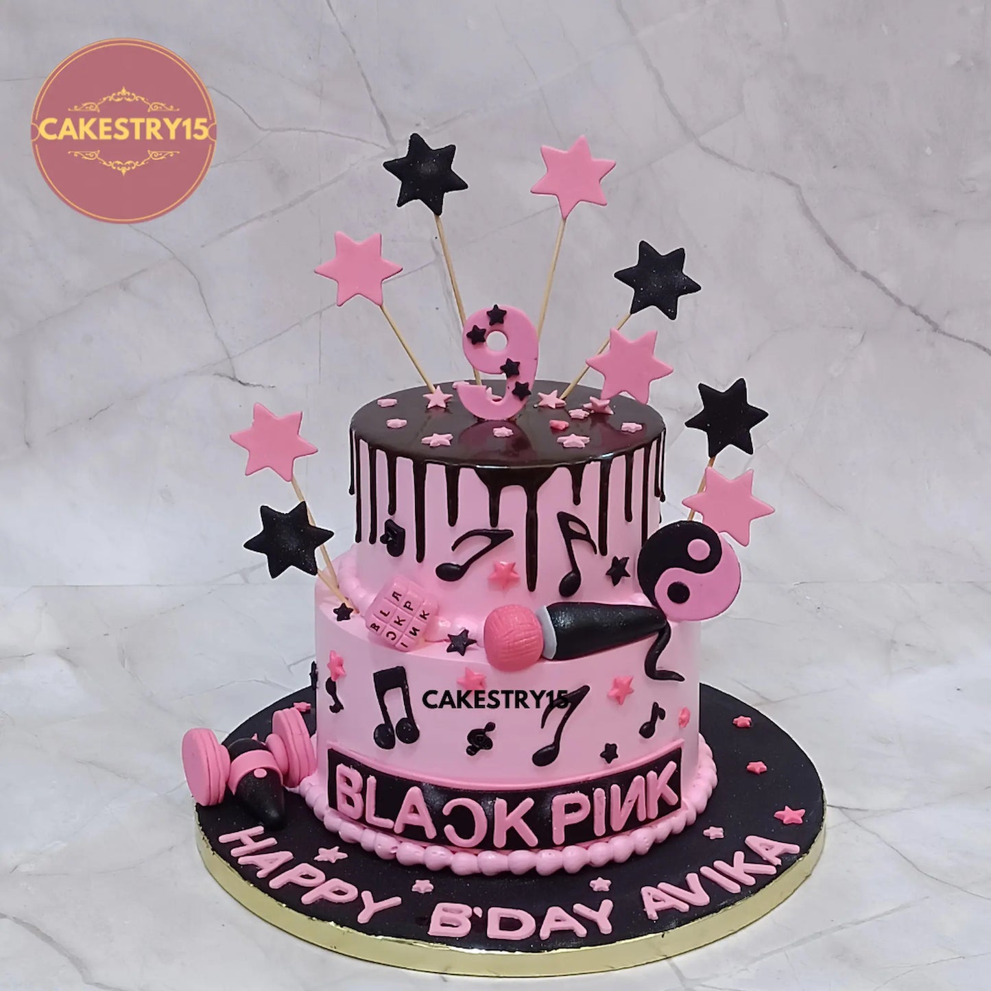 Black Pink theme music birthday cake with choco vanilla flavour, eggless custom cake for teens in Noida by Cakestry15