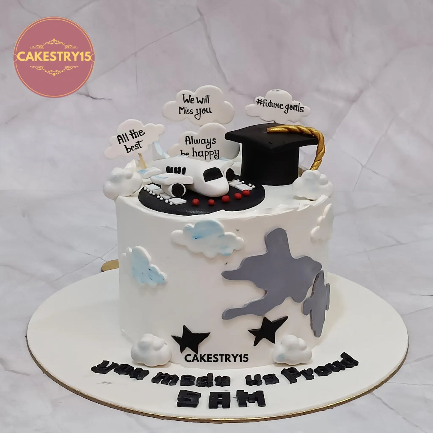 1kg blueberry farewell cake with world map, aeroplane, graduation hat, and custom messages from Cakestry15