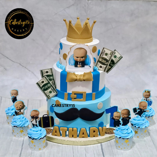 3-tier 4kg Boss Baby theme chocolate cake with fondant crown and toppers from Cakestry15 Noida
