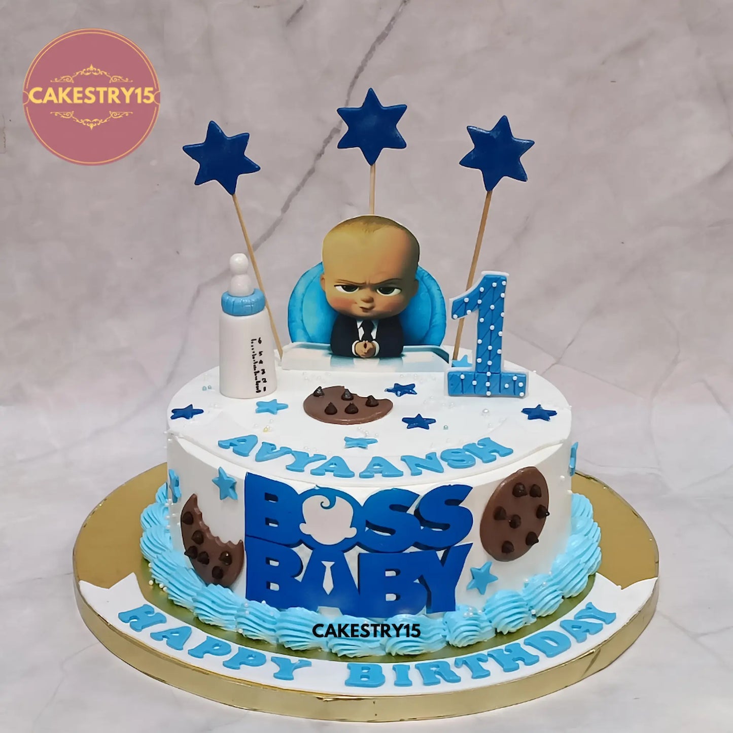Boss Baby theme 1st birthday eggless pineapple cake for kids by Cakestry15 in Noida