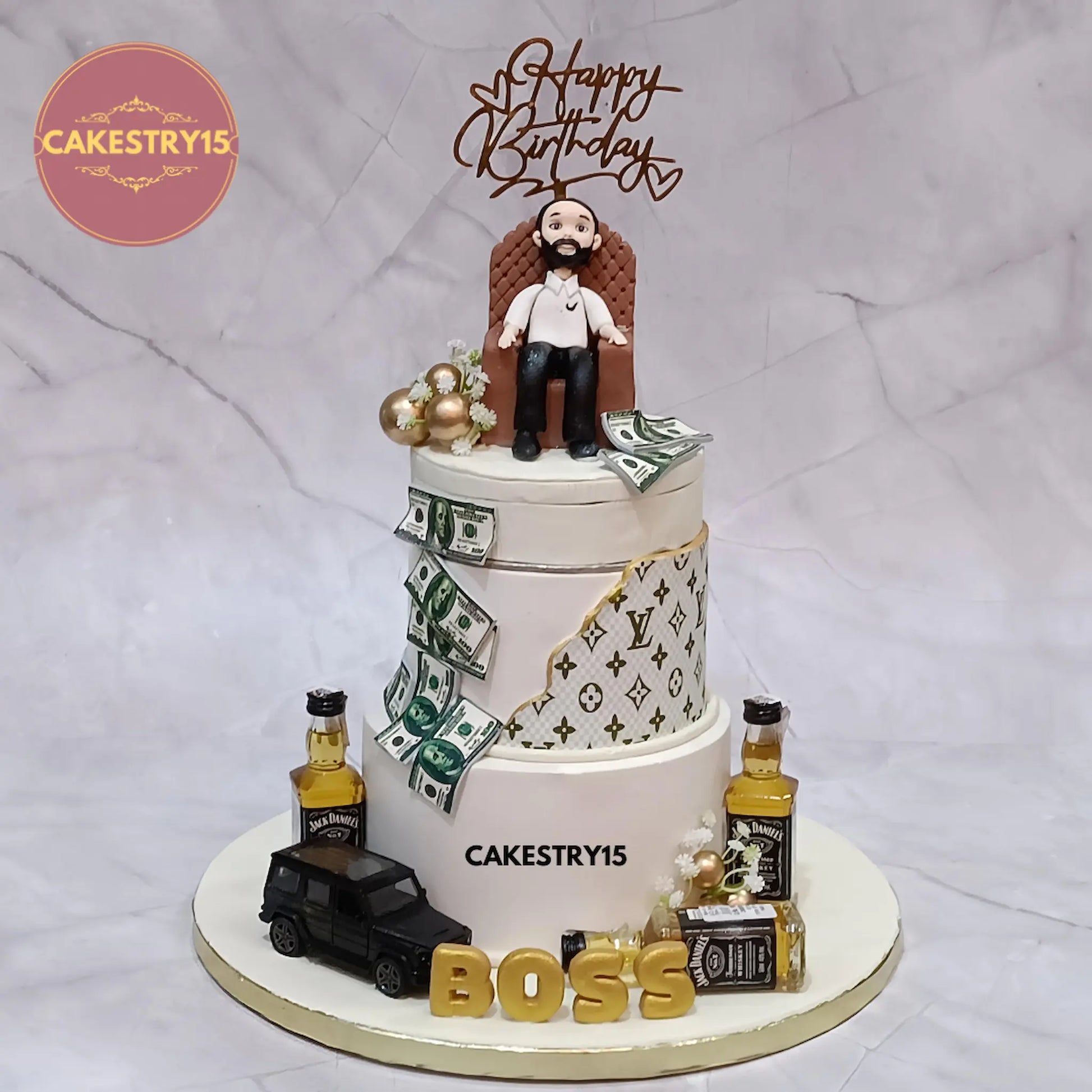 2kg choco vanilla 2 tier boss birthday cake with rotating topper, Louis Vuitton design, dollar notes, Jack Daniels miniatures and Thar car toy by cakestry15 in noida