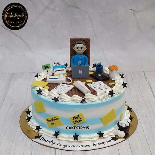 2kg Belgian chocolate cake designed as office desk with Anurag seated, from Cakestry15