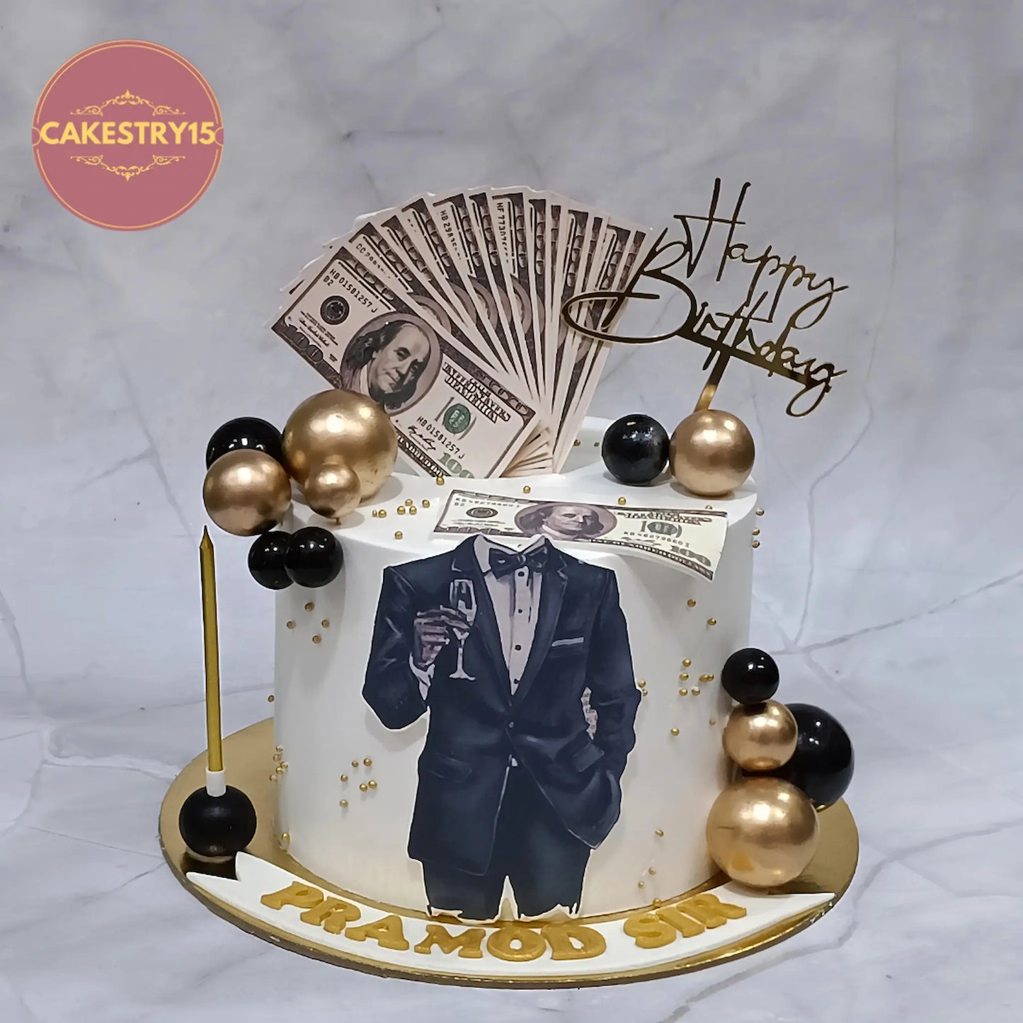 Eggless boss theme birthday cake with suited man topper and golden accents for men’s birthday in Noida by cakestry15