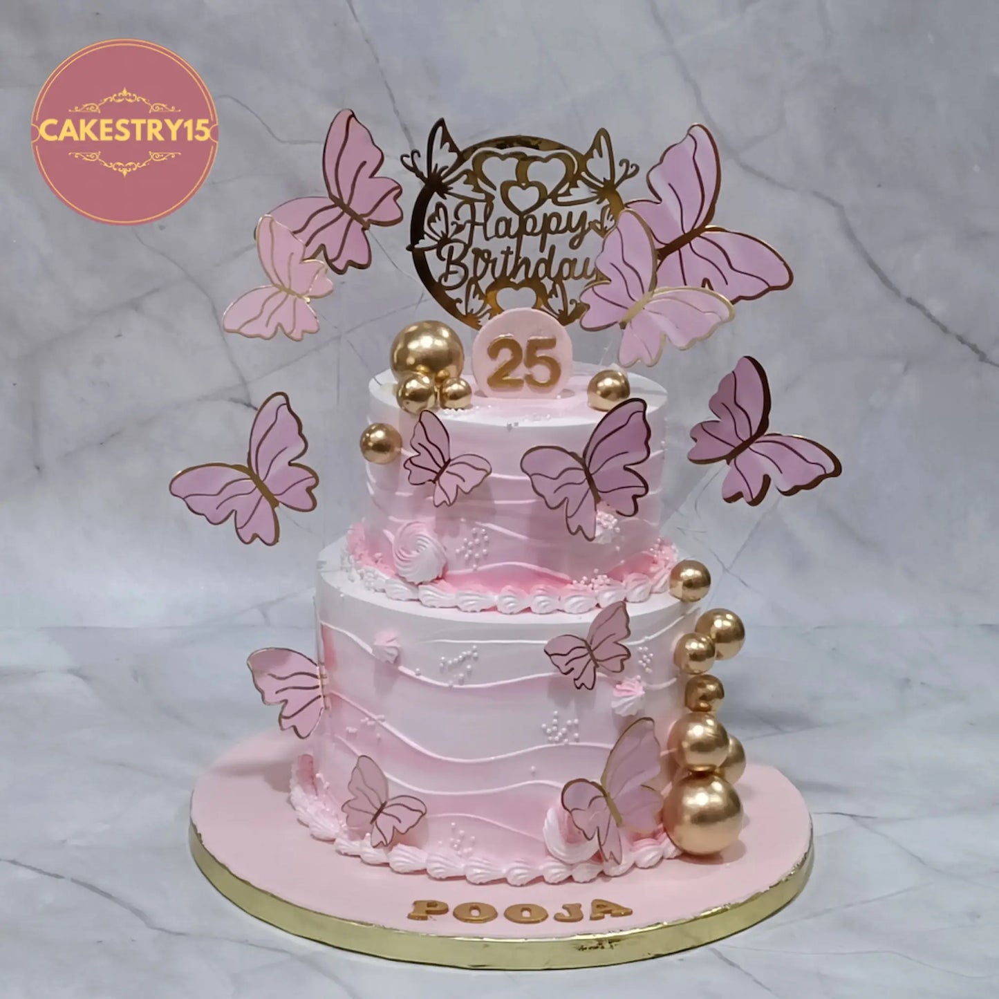 Eggless pineapple butterfly birthday cake for 25th birthday, custom theme cake in Noida by Cakestry15