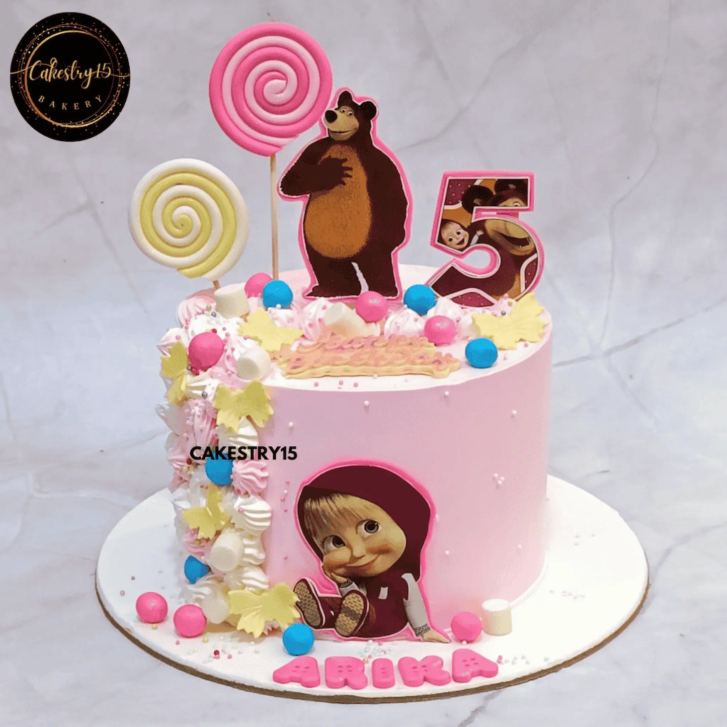 Kids birthday cake with Masha and the Bear theme cake Noida style, designed as eggless cakes for a fun celebration