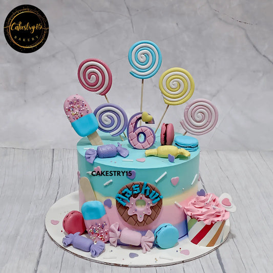 Candyland theme chocolate birthday cake with fondant candies and rainbow icing for Aashvi’s 6th birthday by cakestry15,best bakery noida