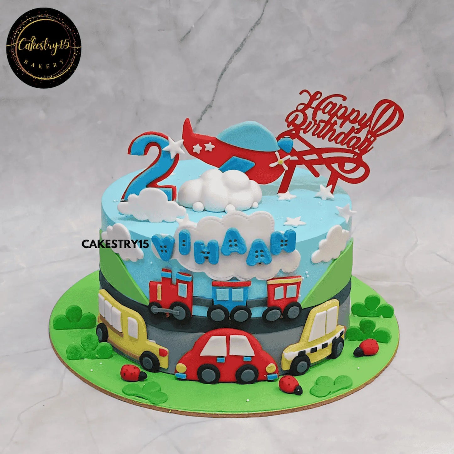 Eggless car theme 2nd birthday cake 2kg for kids with blueberry flavour and vehicle design, custom made for Vihaan in Noida