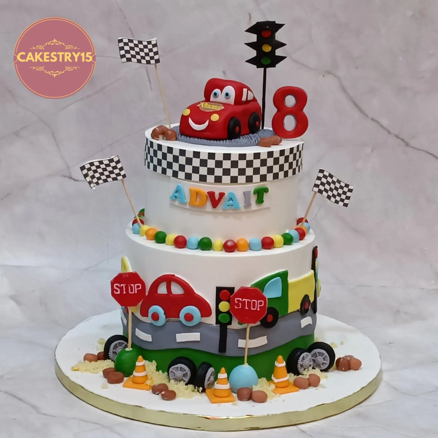 Car theme 8th birthday cake eggless kids birthday cake in Noida with racing cars, fondant roads and colourful decorations