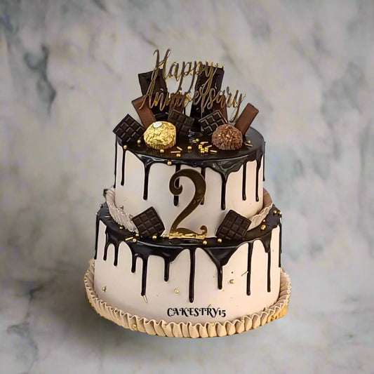 Two-tier chocolate anniversary cake with Ferrero Rocher and KitKat chocolates for corporate celebrations by cakestry15 noida