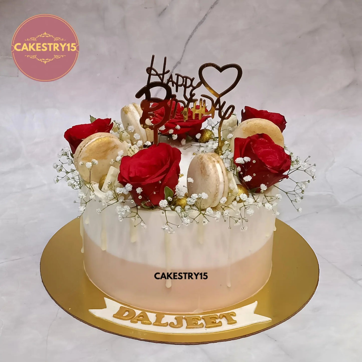 1kg chocolate floral cake with real roses and macarons from Cakestry15 in noida