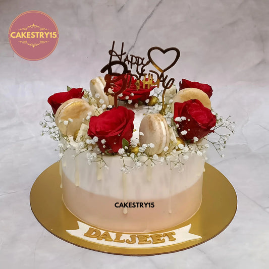 1kg chocolate floral cake with real roses and macarons from Cakestry15 in noida