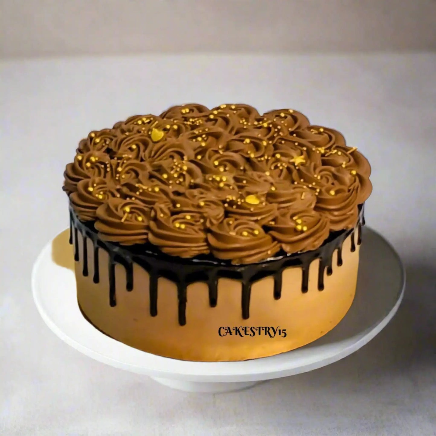 1kg chocolate cake with chocolate rosettes and best wishes Rushali message by cakestry15 noida