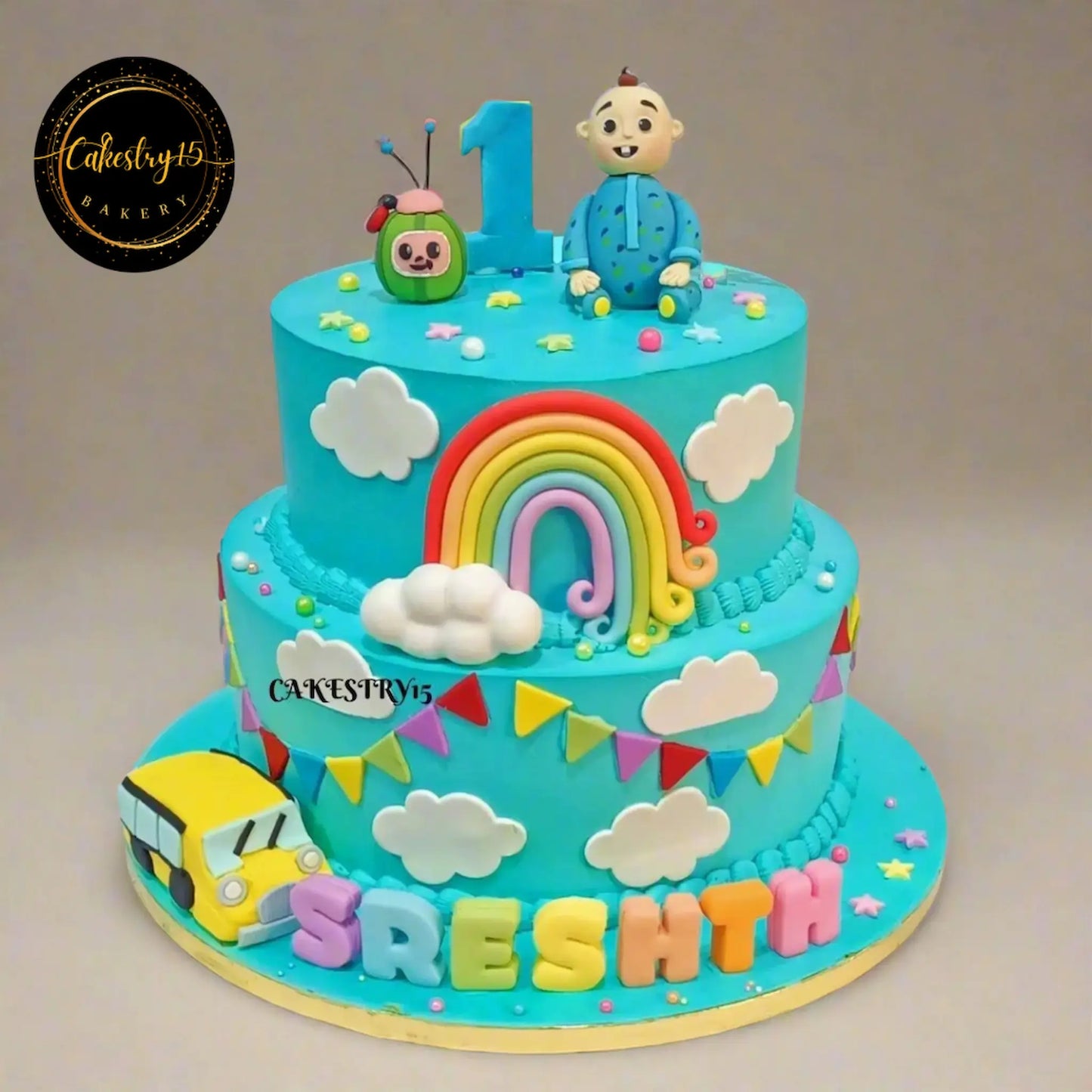 Cocomelon rainbow fondant 5kg first birthday cake in chocolate flavour, eggless custom kids birthday cake in Noida by Cakestry15
