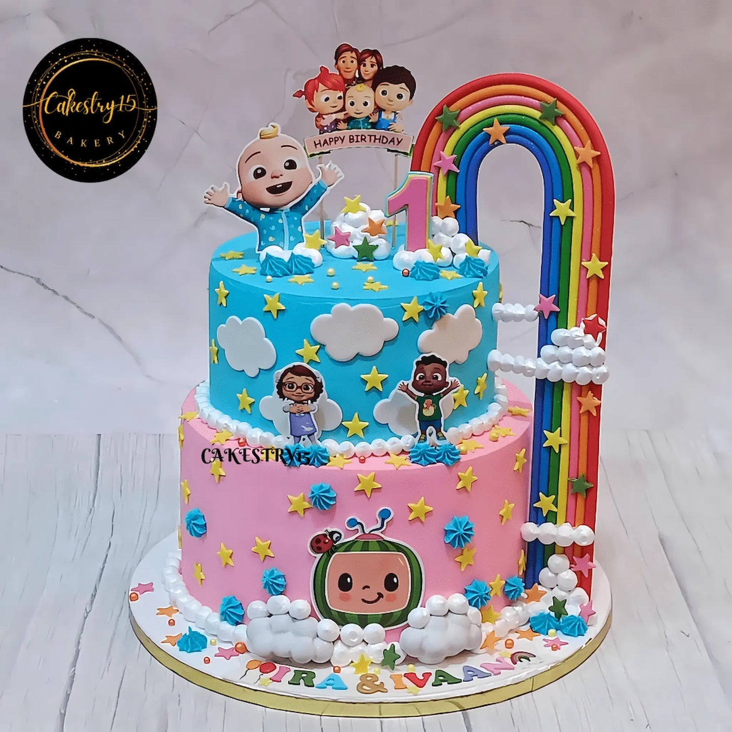 Cocomelon starry rainbow first birthday cake for kids with fondant design eggless theme cake Noida by Cakestry15