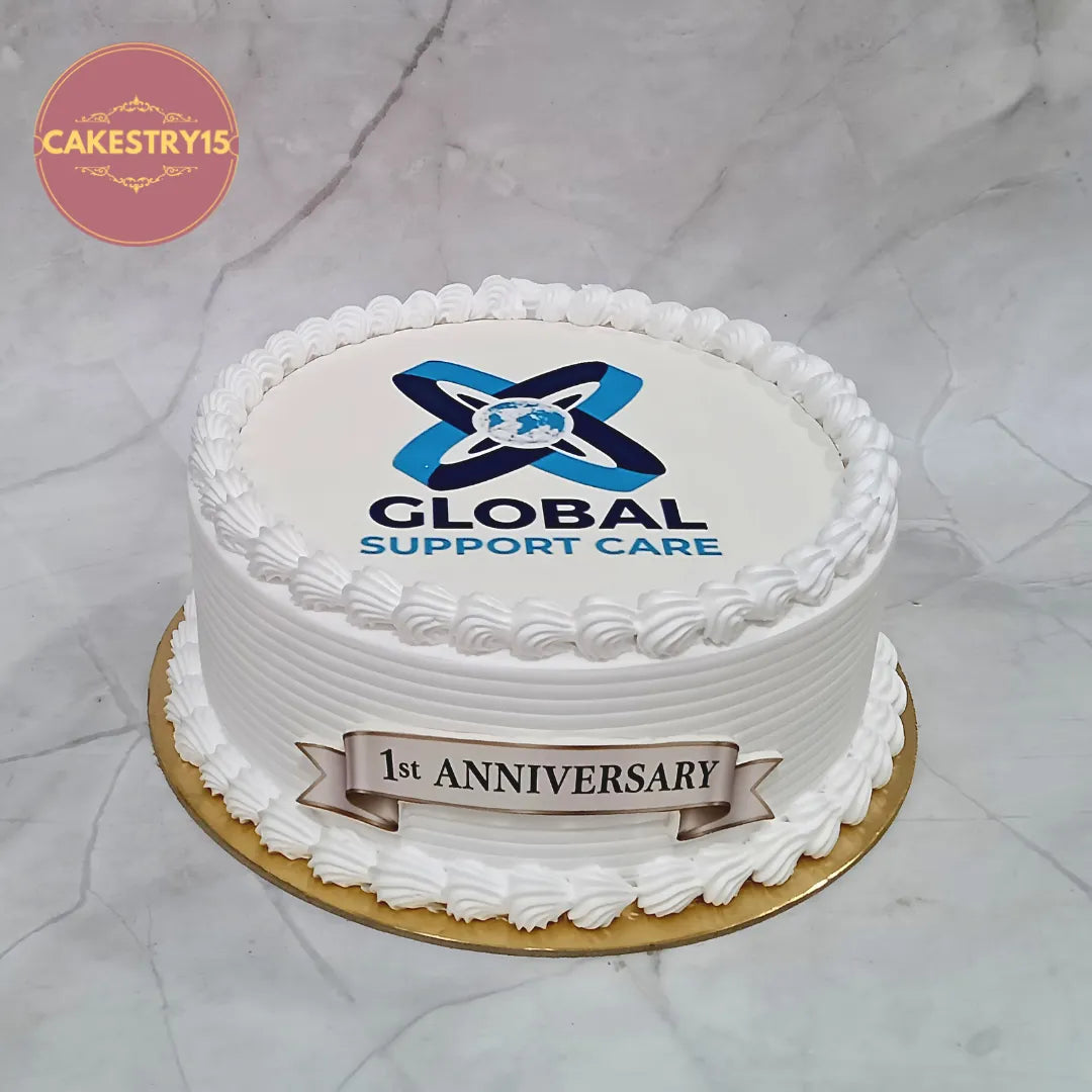 Premium eggless corporate anniversary photo cake with edible print and cream piping, customised for office celebrations, employee recognition and corporate events in Noida.