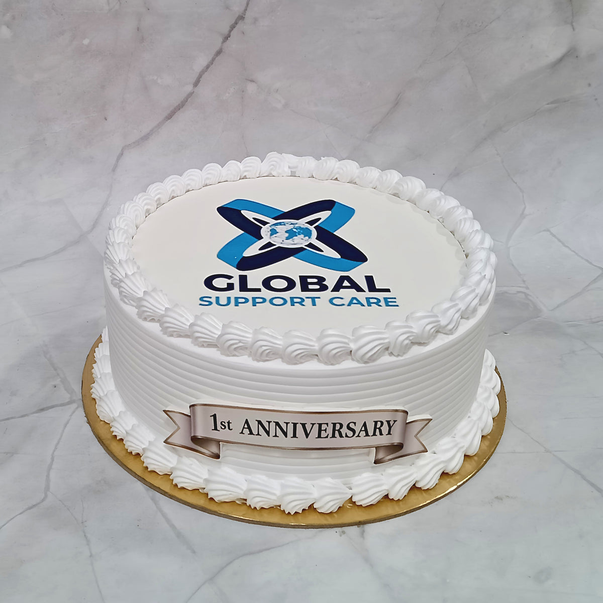 Premium eggless corporate anniversary photo cake with edible print and cream piping, customised for office celebrations, employee recognition and corporate events in Noida.