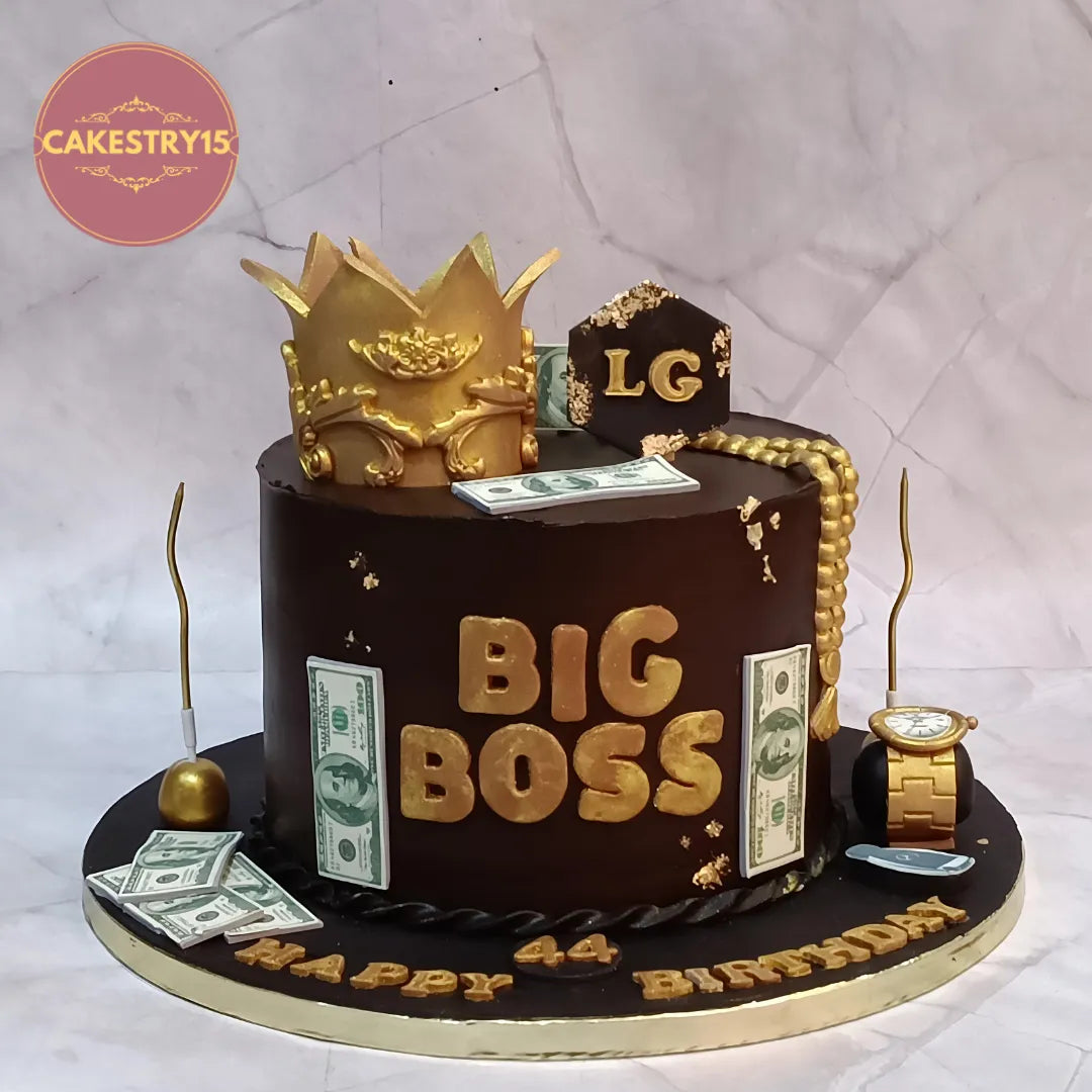 Luxury birthday cake and theme cake Noida design with golden crown and Rolex detailing, available as premium eggless cakes.