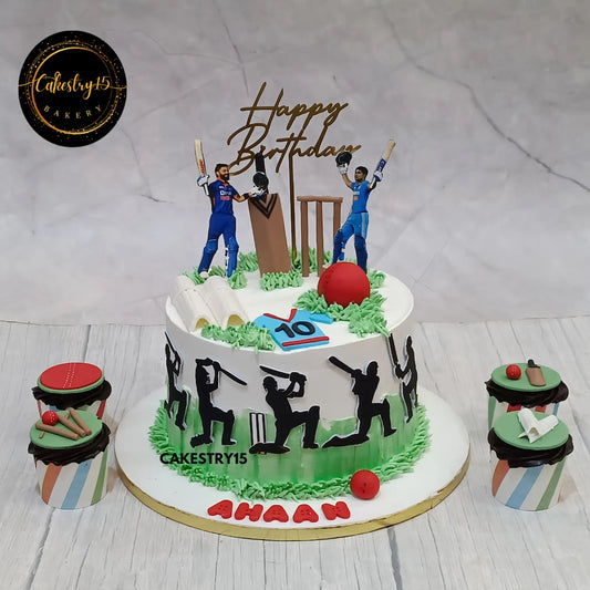 2kg chocolate cricket theme birthday cake with edible cricketers and fondant sports elements by Cakestry15