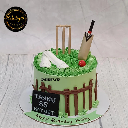 1kg butterscotch cricket theme cake for husband with fondant bat and wickets from Cakestry15