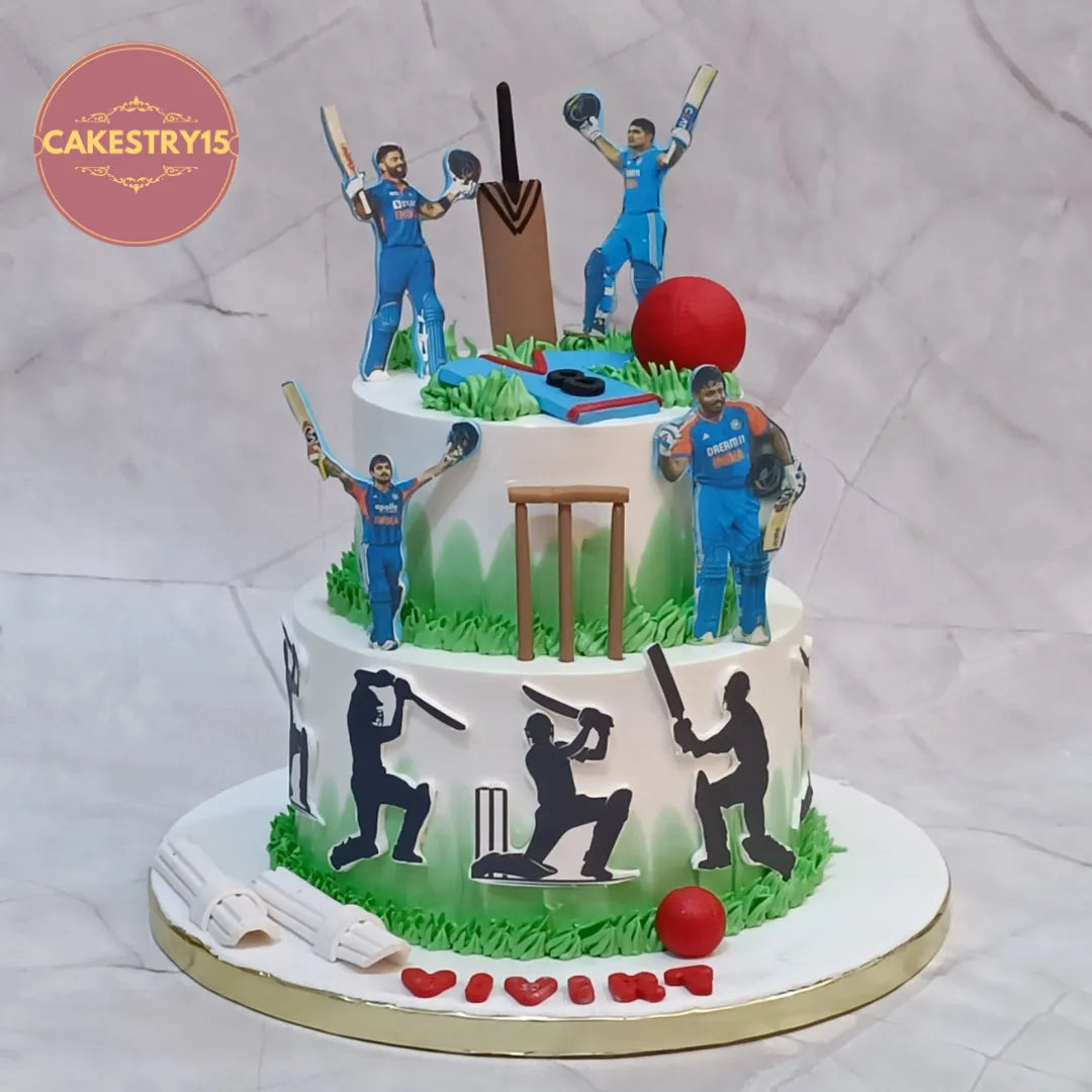 Eggless cricket kids birthday cake with edible sports elements and premium theme cake design in Noida.